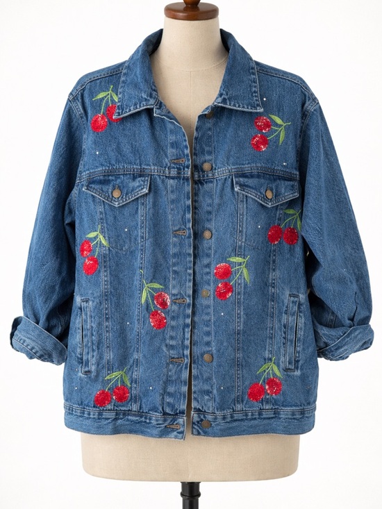 The Quacker Factory Jackets & Blazers - Quacker Factory Vintage Sequin & Embroidered Cherry Denim Jacket - Large - EUC